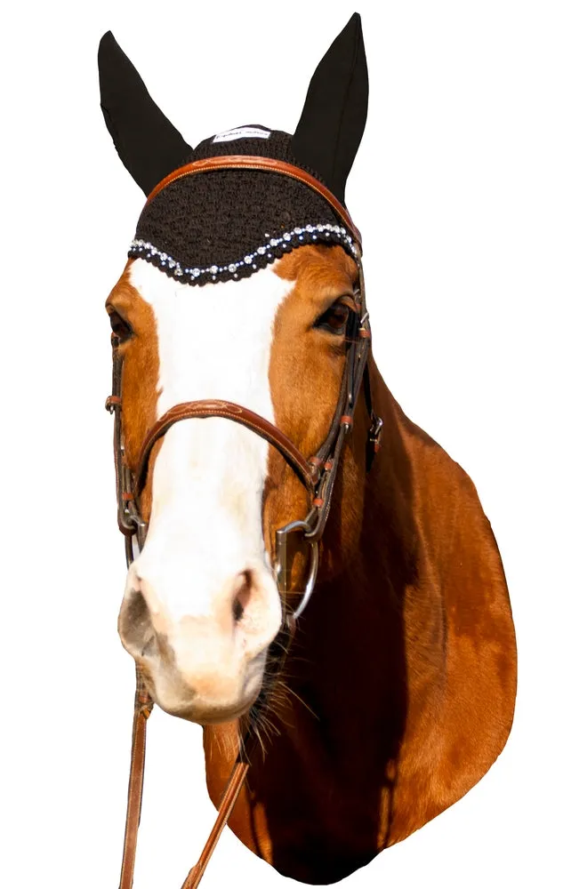 Equine Couture Fly Bonnet with Crystals vliegenmuts zwart cob met strass
