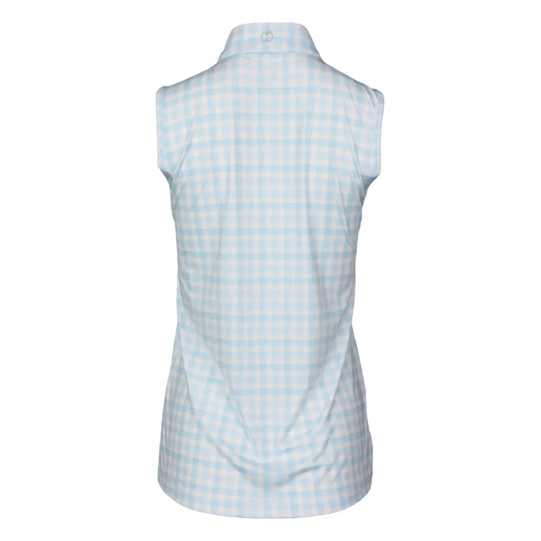 Dapplebay Gingham 1/4 Zip mouwloos rijshirt blauw wit ruit
