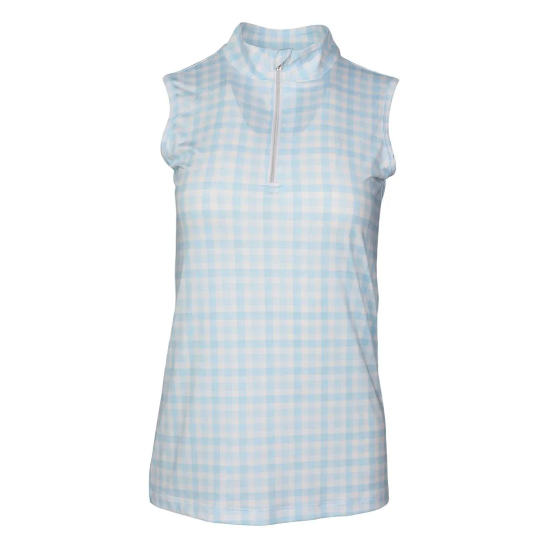 Dapplebay Gingham 1/4 Zip mouwloos rijshirt blauw wit ruit