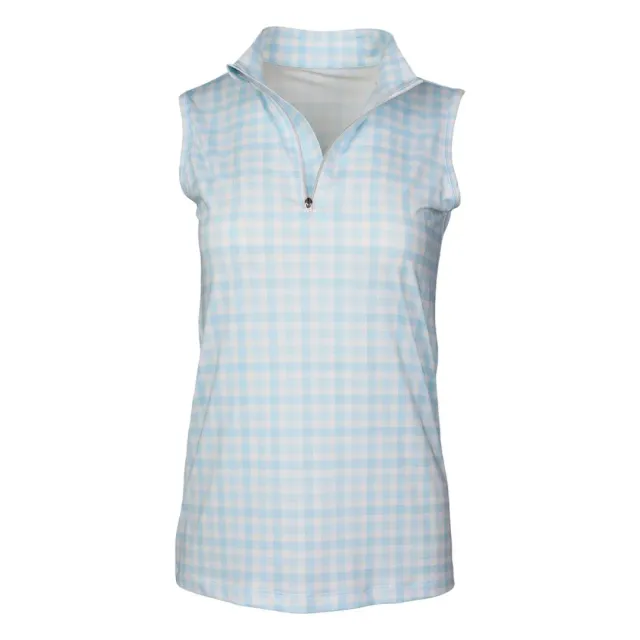 Dapplebay Gingham 1/4 Zip mouwloos rijshirt blauw wit ruit